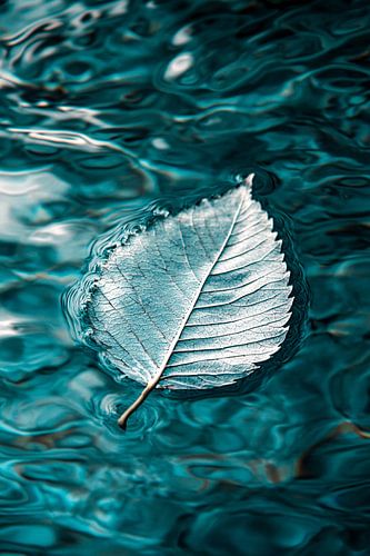 Zilveren blad op teal water