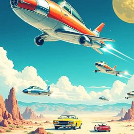 Flug zum Mond, retro-futuristische Szene von Artkreator
