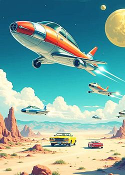 Vliegen naar de maan, retro-futuristische scène