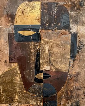 Abstract Tribal Mask with Patterns in Gold and Earthy Colours