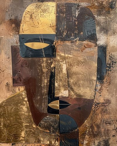 Masque tribal abstrait avec motifs en or et couleurs terreuses