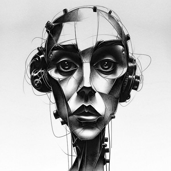 Abstract Futuristic Hoofd in Monochroom van Karina Brouwer