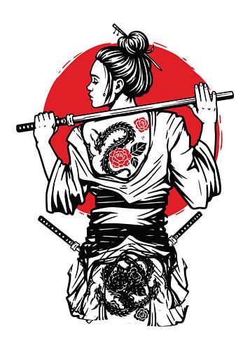 Female Samurai Dragon Rose Tattoo Bold Graphic Art by Ramy Salah Hefny