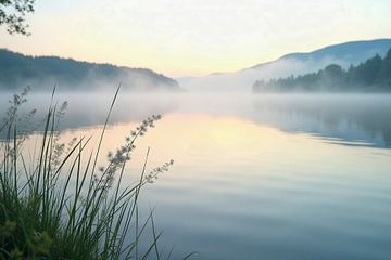 Ochtenddauw over het stille meer van Wandbilder-Shop