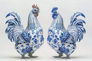 Two chickens in Delft Blue by Lauri Creates