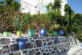 Grieks muurtje met kleurrijke bloempotten van Helga Kuiper