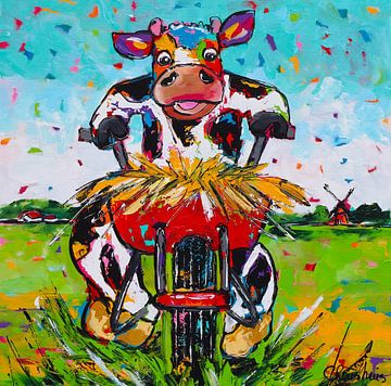 Vache aidant le fermier dans le champ sur Vrolijk Schilderij