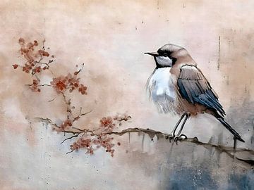 Schilderij in Japandi stijl van een  vogeltje op een bloesemtak van Studio Pieternel