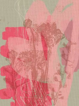 Bunte botanische Kunst in Pastellrosa, Flieder, Grau und Beige. Wiesenblumen-Monotypien.