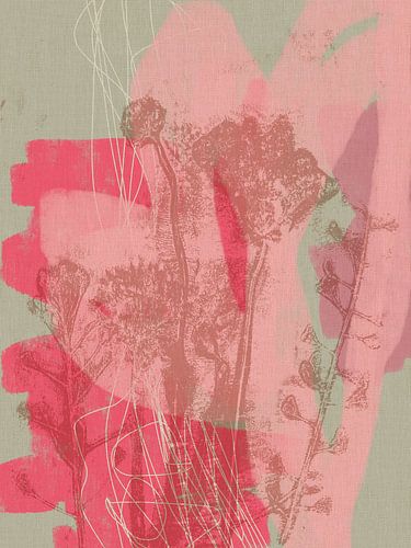 Kleurrijke botanische kunst in pastelroze, lila, grijs en beige. Monotypes weidebloemen.