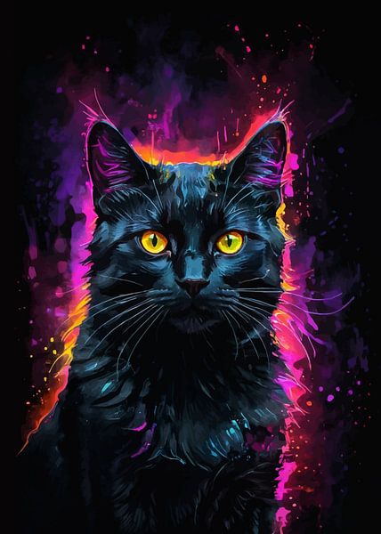 Zwarte kat aquarel neon van MIROKKU