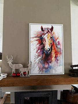 Klantfoto: abstract kleurig aquarel van een paard. van Gelissen Artworks