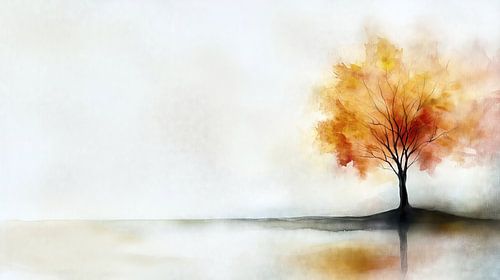 Boom met oranjekleurige bladeren weerspiegeld in het water