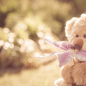 Teddybär mit Blume in sanften Retro-Farben von Lisette Rijkers