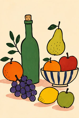 Pear, fruit and wine – Rustic still life illustration