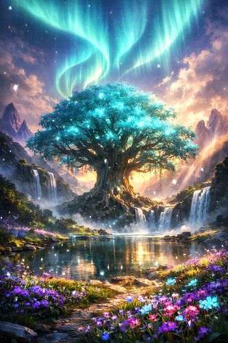Gloeiende Levensboom – Aurora-fantasie-illustratie