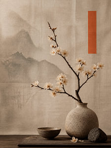 Nature morte « Japandi » avec une branche en fleurs sur fond de soie japonaise