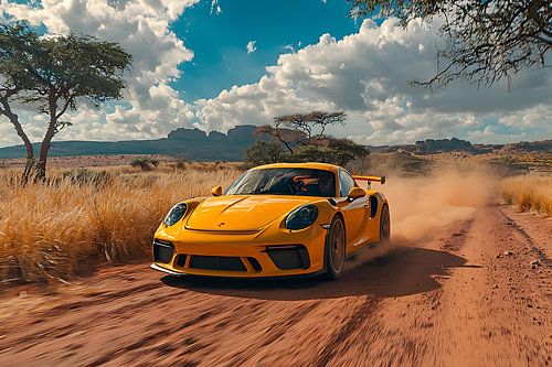 A Porsche 911 GT3 through African landscape by PixelPrestige
