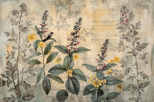 Neue ländliche, digitale Collage von Blumen mit einem kleinen Vogel