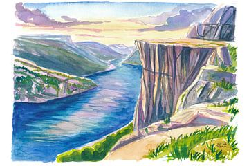 Preikestolen-Klippe oberhalb des Lysefjords bei goldenem Nordlicht