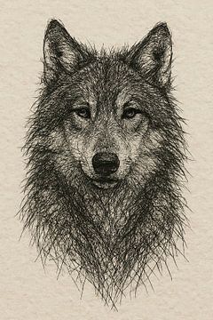 Draad portret van een wolf (wild dier minimalistisch zwart wit stoer mancave)