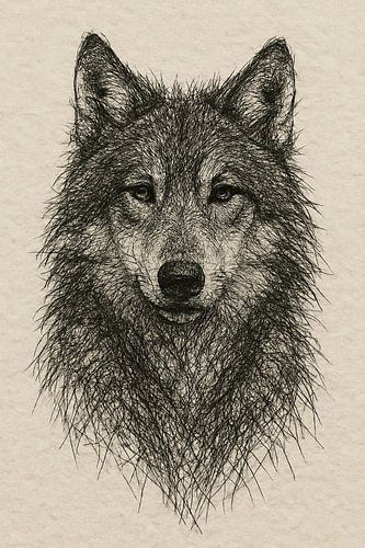 Draad portret van een wolf (wild dier minimalistisch zwart wit stoer mancave)