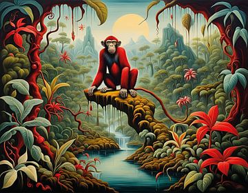 Rode Aap in Jungle Surrealisme van Betty Maria Digital Art