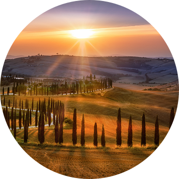 Atmosferisch landschap van Toscane in Italië met een gebogen cipressenpad van Voss Fine Art Fotografie