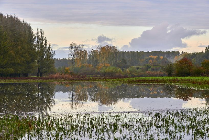 Herfst landschap weerspiegeld in grote waterpartij van Jenco van Zalk