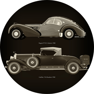 Bugatti 57-SC Atlantic 1938 en Cadillac V16 Roadster 1930 van Jan Keteleer