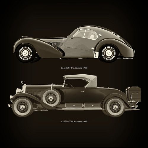 Bugatti 57-SC Atlantic 1938 en Cadillac V16 Roadster 1930