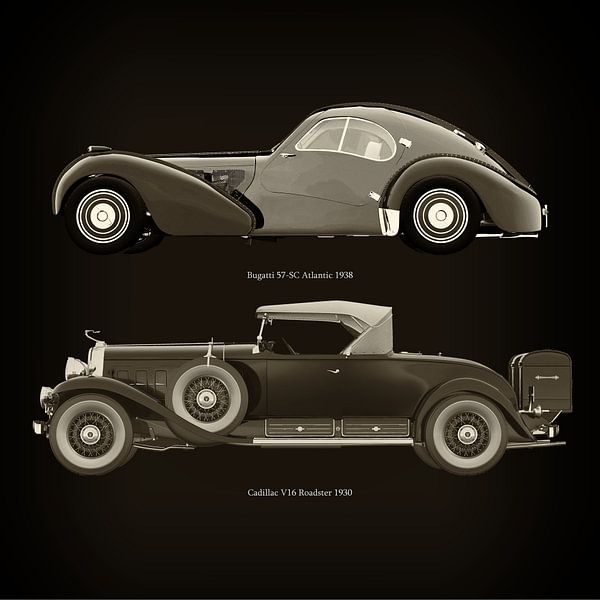 Bugatti 57-SC Atlantic 1938 en Cadillac V16 Roadster 1930 van Jan Keteleer (JanKé): Een reis voorbij het canvas