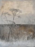 Abstract landscape with large umbel flowers in Japandi style