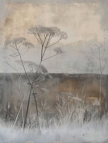 Abstract landschap met grote schermbloemen in Japandi stijl