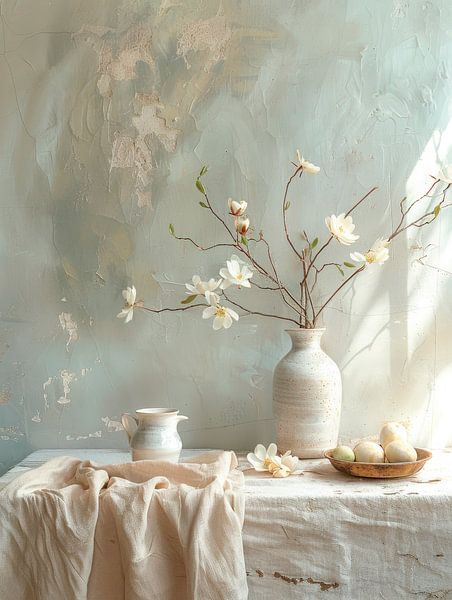 Minimalist still life with Magnolia in white, Japandi style by Japandi Art Studio