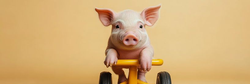 Piglet on a yellow children's bike with beige background by Digitale Schilderijen