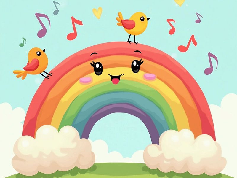 Schattige Regenboog met Vogels Illustratie - Grillige Kinderen Kunst van Ruliyreed
