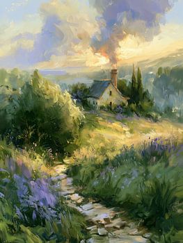 Petite maison à l'heure dorée | Paysage impressionniste | Or chaud