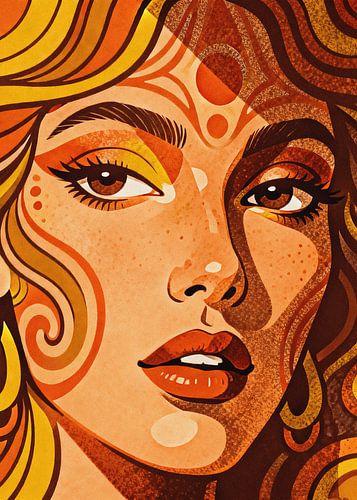 PSYCHEDELIC Dreamer Eyes – Grooviges, gefühlvolles Frauenporträt im Stil der 70er Jahre von Minggu Galeri