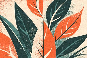 Grafische compositie van bladeren in groen en oranje van Mixed media vector arts