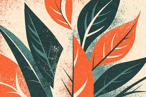 Grafische compositie van bladeren in groen en oranje