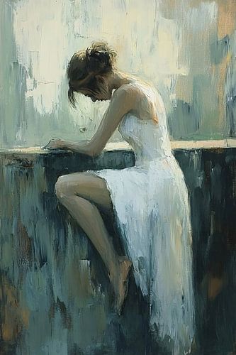 Vrouw in witte jurk, reflectief