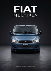 Vue de face d'une Fiat Multipla bleue dans un décor de studio sur Cross