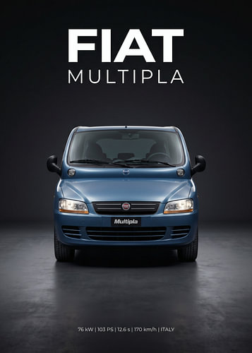 Front view of a blue fiat multipla car in a studio setting