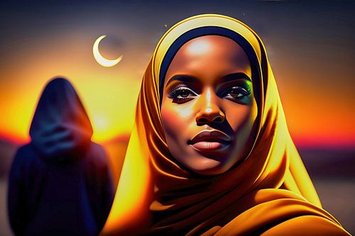 Zwarte moslimvrouw in gele hijab