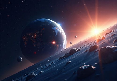 Aarde-achtige planeet van asteroïdenoppervlak met zon en drie manen