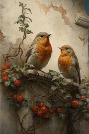 Rotkehlchen auf einer alten Mauer