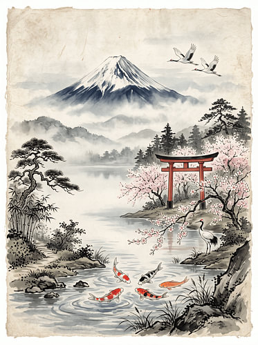 Peinture représentant le mont Fuji au Japon