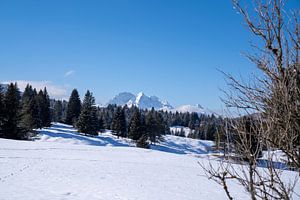Verschneite Buckelwiesen bei Mittenwald, eingebettet in die winterliche Bergwelt der Alpen.