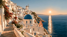 Santorin Mediterranes Küstendorf mit blauer Kuppel